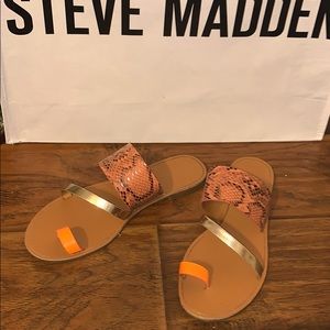 Coral Snakeskin Toe Loop Sandals